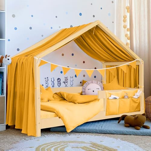 Hausbett Himmel Deko Set, Betthimmel Hausbett aus Musselin - 1 Betthimmel & 1 Wimpelkette, für Jungen Mädchen Deko für Kinderzimmer, Baldachin Kinderzimmer Deko I 135 x 320cm Gelb