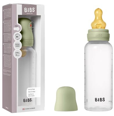 Biberon BIBS d’une capacité de 270 ml avec tétine en caoutchouc naturel - fonction anti-colique, sans bisphénol A, tétine ronde, débit moyen, convient aux nouveau-nés - Sage