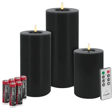 Candela Lights LED Kerzen 3er Set Winter Schwarz Flammenlos Echtwachs inklusive Fernbedienung & Batterien Dimmbar Flammenfunktion