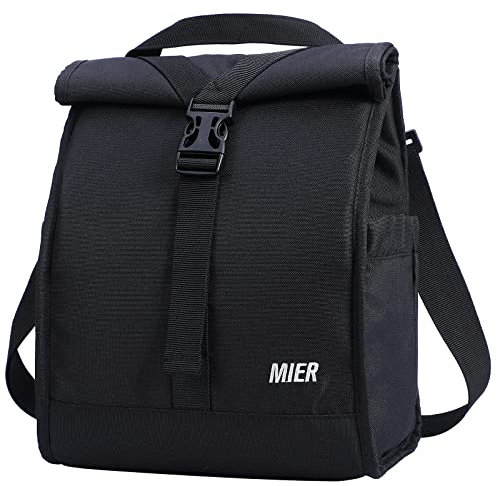 MIER Kühltasche Isolierte Lunchtasche Rolltop-Design für Damen und Herren Praktische Picknicktaschen für Schule, Büro, Reisen Vielseitig Schultergurt und Seitentaschen,Schwarz