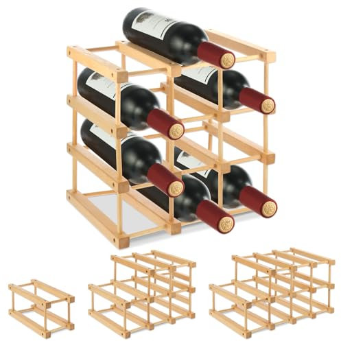 Wooden Wine Rack, 12-Bottle Stackable Wooden Wine Rack, Stackable Modular Wine Storage Racks, DIY Assembly Wine Bottle Holder for Inside Cabinet and Countertop