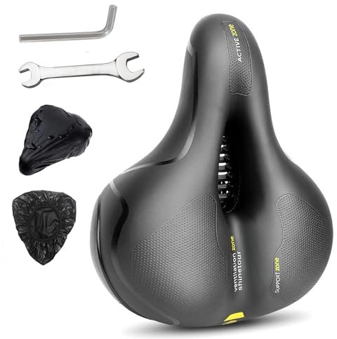 Hmfmdy Fahrradsattel, Fahrradsattel mit Doppelfeder, Ergonomisch Fahrrad Sattel- mit wasserdichte Abdeckung & Schraubenschlüssel für Mountainbike Rennrad Heimtrainer E-Bike Fahrradsitz-Gelb