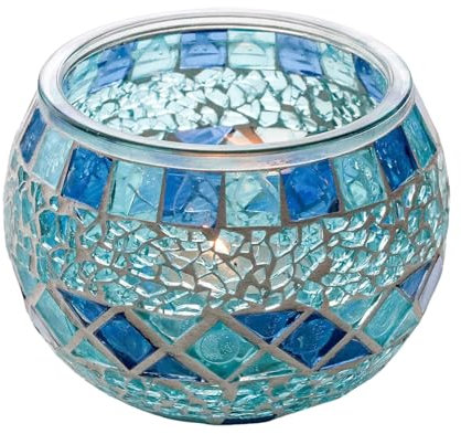 Pasdrucn 10.8x10.8x7.7cm Mosaik Kerzenhalter Teelichthalter Glas, Teelichtgläser Set, Dekoratives Windlicht Glas, Kerzengläser Für Teelicht Deko Weihnachten Tischdeko Hochzeit (Blau)