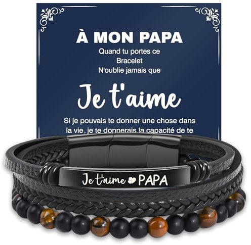 Meleager Bracelet Homme, Idee Cadeau Papa, Bracelet Personnalisé avec Je t'aime Papa, Cadeau Amour Papa pour Anniversaire, Fete des Peres, Noël (Noir + Marron)