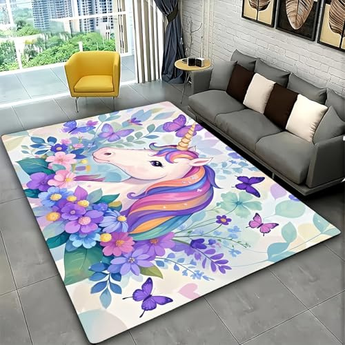 Traum Sternenhimmel Blumen-Einhorn Teppich für Kinderzimmer,Wohndekor-Teppiche Blau Lila Mädchen Einhorn Spielteppich, Geeignet für Wohnzimmer, Schlafzimmer, Spielbereich (Multi 3,120x160 cm)