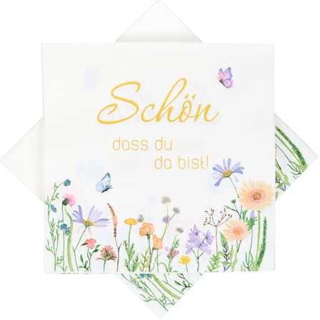 Cadimus 40 Stück Servietten Blumen, Servietten Schön Dass Du Da Bist, Papierservietten mit Blumen und Schmetterling, Tischdeko für Hochzeit Geburtstag Frühling Ostern, 33 x 33cm