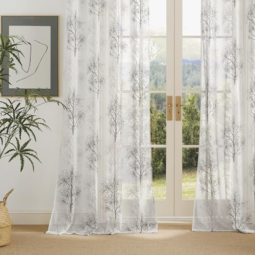 PONY DANCE Graue Gardinen mit Bäume Muster 245 cm Lang Wohnzimmer Vorhang Halbtransparent Voile Gardine Modern Vorhänge mit Ösen Sheer Curtains Living Room, H 245 X B 140 cm