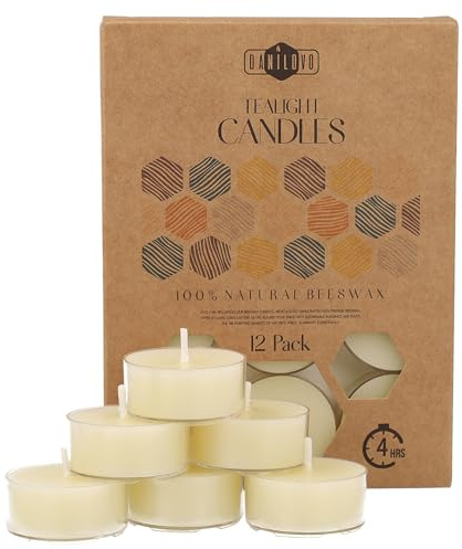 Velas de Cera de Abeja Natural 100% - Velas de Té con Mecha de Algodón – 4 Horas de Duración – Pack de Velas 12 Unidades – Velas Pequeñas de Cera de Abeja Pura y Plástico Reciclado de Danilovo