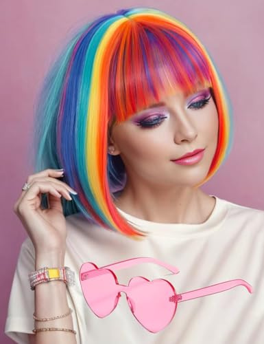 PORSMEER Kurze Bob-Perücke und Sonnenbrille, 30,5 cm, glattes Haar, Perücken mit Pony, Unisex, für Halloween, Kostüm, Cosplay, Party, Tourismus, inklusive Perückenkappe