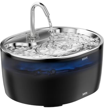 Fontaine à Eau pour Chat, en Acier Inoxydable, avec lumière LED, 3,2 l, Ultra silencieuse, Alimentation USB, Charbon Actif, Filtration Multi-Niveaux (Light Black, Normal)