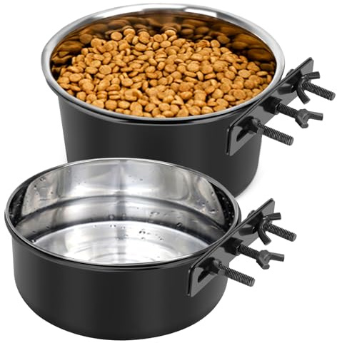 Large Dog Crate Water Bowl No Spill, 2 Pack Stainless Steel Dog Bowls for Food and Water, Pet Kennel Hanging Dogs Food Bowls for Medium/Large Dogs and Cats (7.1x3.7 & 7.1*2.6, Black)