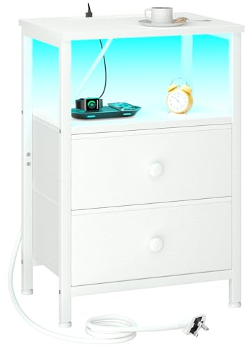 LOAKEKEL Bedside Table, Side Table with Charging Station, Bed Side Table | Night Stand with LED Light and 2 Fabric Drawers, Bedside Cabinet with Open Storage Shelf for Living Room, Bedroom, White