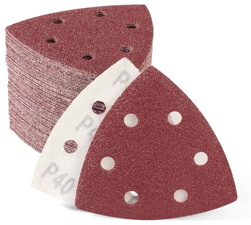 SATC 60 PCS 93mm Delta-Triangle Sanding Sheets 40 Grit Detail Sander Pads Durable Dust-Free 6-Holes Sander Sandpaper Hook and Loop Triangle Sanding 93 x 93 x 93mm