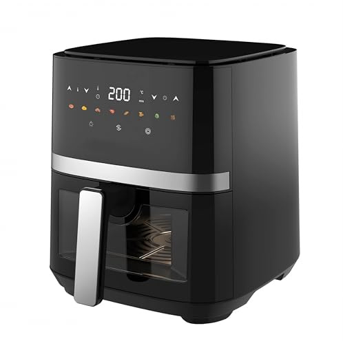 Friggitrice ad Aria Calda Cestello Antiaderente Finestra Controllo 5 Litri Senza Olio Dietetico 8 Programmi Cottura Preimpostati 80-200° Timer Display Led Touch 1450W PP + Acciaio