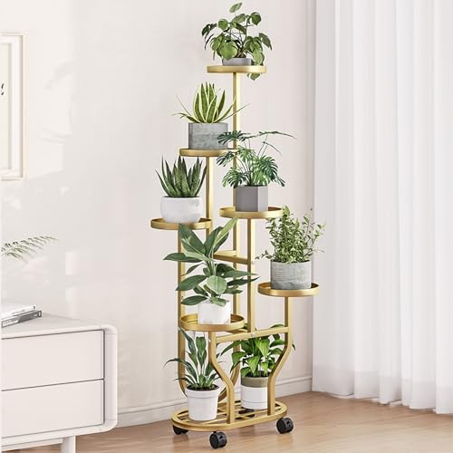 SXKJQER 7 Etagen Pflanzenständer Mit Rollen, Mehrstöckig Blumenständer Blumenbank Blumentreppe Pflanzentreppe Standregal Für Innen Garten Balkon Deko(Gold)