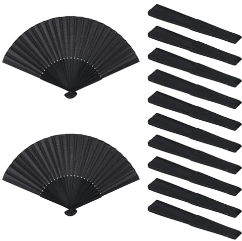 ZEONHAK 12 Pack Black Silk Fabric Fan, 37 x 19cm Folding Handheld Fan for Wedding, Performance, Dancing, Home Decoration