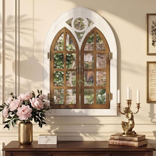 Fahomiss Bogen Fensterstil Wandspiegel mit Öffnendem Holzrahmen, Fensterdesign für Wohnzimmer, Schlafzimmer & Flur