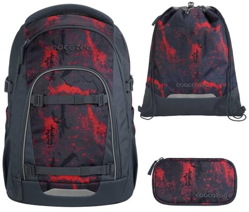 coocazoo MATE Schulranzen-Set 3tlg für Mädchen und Jungen ab der 4. Klasse mit Rucksack. Schlamperetui und Sportbeutel (Broken Black)