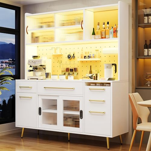 BTM Modern Tall Kitchen Cabinet with Shelves, LED Lighting Freestanding Larder Cupboard with Drawer, Pegboard for Living Room White