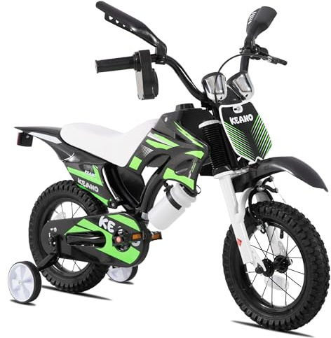 KEANO Motocross Style 12 Zoll Kinderfahrrad für Jungen und Mädchen im Alter von 2 bis 4 Jahren, 12 Zoll Fahrrad mit Stützrädern und Nummernschild, grün
