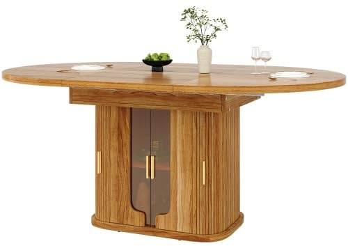 feynoss Mesa de comedor redonda extensible 118-158 cm, mesa de cocina ovalada con frentes de cristal ámbar y espacio de almacenamiento, telescópica para hasta 6 personas, nogal
