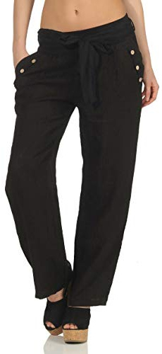 Malito Damen Hose aus Leinen - Stoffhose in Unifarben - atmungsaktive Freizeithose mit Gürtel - Chino 8174 - (schwarz, L)