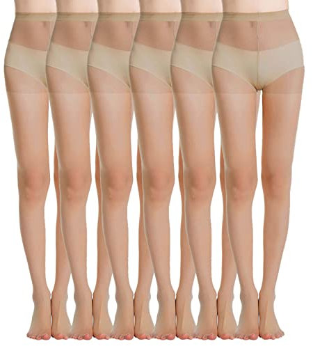 MANZI Women's Everyday Energy 6-Pack Black Nude Silk Sheer Soft Tights 20 Denier(Natural Nude,M)