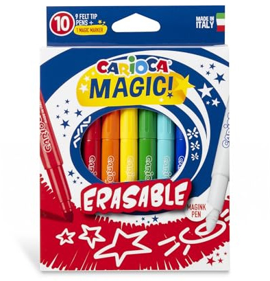 CARIOCA Magic Erasable Colors – Löschbare Magic Ink Marker, Maxi-Spitze 6 mm – Enthält Magink Marker zum Löschen anderer Farben (Box mit 10 Markern)