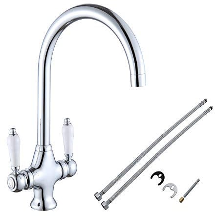 Traditional Kitchen Sink Mixer Tap White Ceramic Dual Lever Monobloc Swivel Spout Chrome Modern Kitchen Sink Taps Mixer Valve Brass Body with UK Standard Fittings