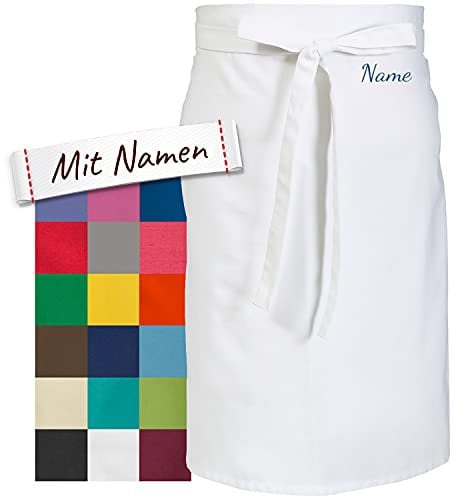 LALALO Vorbinder Schürze mit Name, hochwertig bestickt, Personalisierte Bistroschürze/Kochschürze für Damen und Herren, Malschürze/Schürze zum basteln, kochen, garten oder werken (Weiß, 80x100 cm)