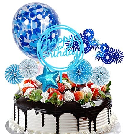 NiCoLa Birthday Cake Decoration Kit: 13 Pcs Cupcake Toppers with Blue Paper Fans, Confetti, Balloons, Stars, Fireworks for Blue Theme Parties