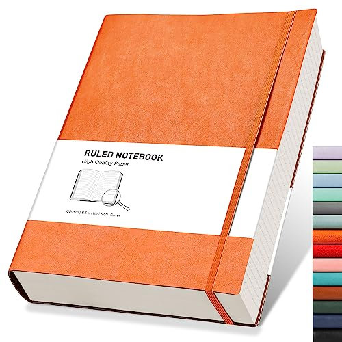RETTACY A4 Lined Notebook College Ruled/Thick Journal - Extra Large Softcover Composition Notebooks with 2 Free Sticky Notes 320 Pages,Faux Leather, Inner Pocket 21.5 x 27.9cm - Orange