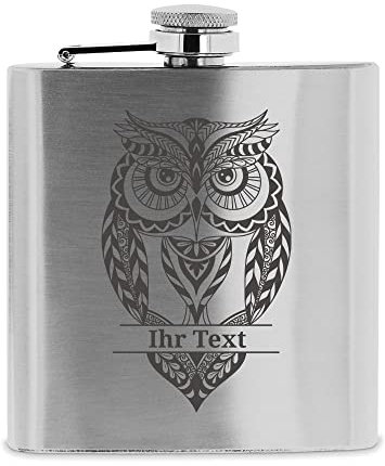 gravur-fabrik.de – personalisierbarer Flachmann aus Edelstahl mit Name – Eule Zentangle – Taschenflasche mit Wunschgravur – Gravierter Flachmann für Ausflüge