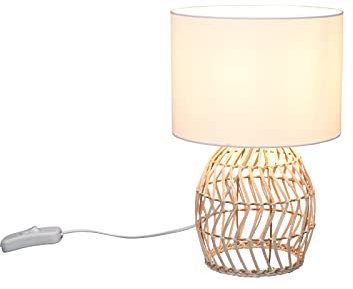 meineWunschleuchte Große Boho Tischleuchte Rattan Geflecht & Stoffschirm in Weiß Ø 25cm