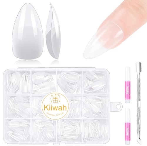 Kiiwah 240 Pcs Soft Gel Full Cover Nail Tips, Pre-Buff Clear Acrylic False Nail Extensions with Glue and Box Kit for Girls Women Home DIY Manicure Nail Salons, 10 Sizes - Almond