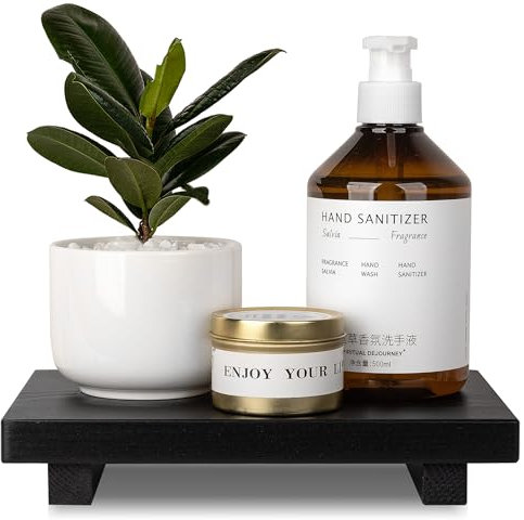 Bathroom Counter Organizer Wood Pedestal Stand Farmhouse Decorative Tray Soap Holder for Kitchen Decor, 9 x 6 - Black