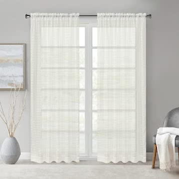 Megachest a pair of sheer IVY checkered pattern voile curtain with tie backs (Ivory,W 56 x L 90 (2 Panels))