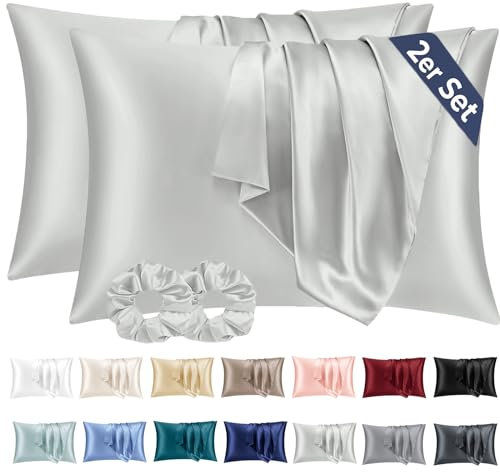 Vielit 2er Set Satin Kissenbezug 50x80 Silver Grau, Weich wie Seidenkissenbezug,Bessere Pflege als Silk Pillosecase,Satin Kopfkissenbezug 50x80 Kissenhülle für Haar und Haut mit 2 Haargummis