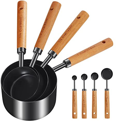 Cuteefun Measuring Cups and Spoons Set of 8, Wood Handle with Metric and US Measurements, Premium Stainless Steel, Black Polished Finish, Dry & Liquid Measuring Cup for Cooking, Baking, Beverage
