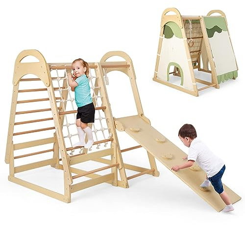 DREAMADE 6 in 1 Kletterdreieck Kletterspielzeug mit Rutsche Leiter Kletternetz Turnringe, Spielplatz Indoor Klettergerüst aus Holz mit Rutschbrett zum Rutschen und Klettern für Kinder ab 3 Jahren