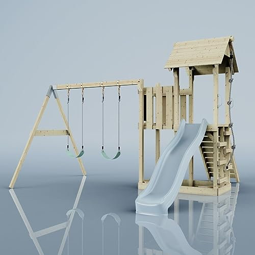 Rebo Spielturm mit Wellenrutsche und Kinder-Schaukel (2X) | Outdoor Klettergerüst Garten mit Plattform | Kletterseil und Kletterleiter | Stabile Konstruktion