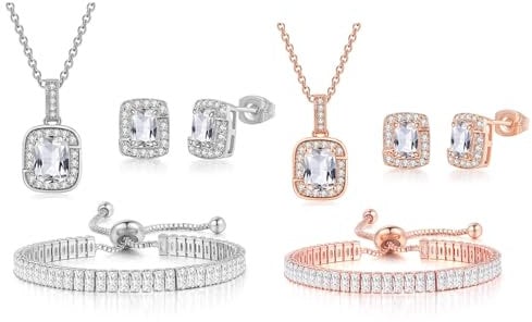 JewelryWe 2 Schmucksets Damen Rechteck Zirkonia: Glitzer Kubischer Zirkonia Quadrat Halskette Ohrringe Armband Set Tennisarmband Anhänger mit Kette Ohrstecker Schmuck Set für Frauen Mädchen