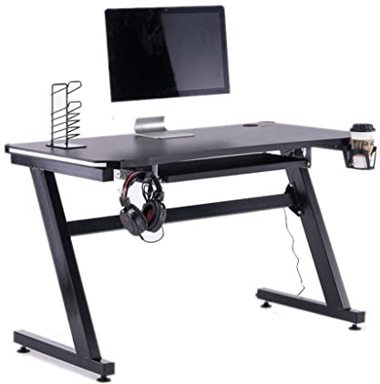 Bestier gaming desk with LED lights,Z shaped gaming table,gamer workstation with large mouse pad,ergonomic e-sports style with double headphone hook,USB gaming rack,cup holder,black (Black)