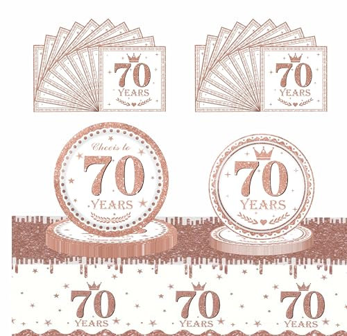 53Pcs Rose Gold 70th Happy Birthday Party Tableware Decorations for Her Plastic Table Cloth,7,9inch Paper Plates,Napkins for Women Birthday Table Party Tableware Set for Girls Women Adults