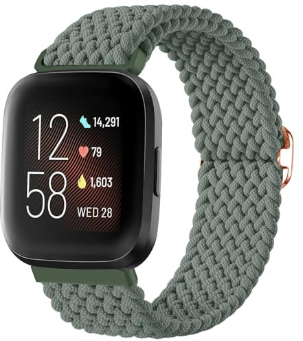 Oielai Tressé Boucle Bracelet Compatible avec Bracelet Fitbit Versa 2/Bracelet Fitbit Versa, Bracelet Sportif Elastique Réglable pour Fitbit Versa 2/ Versa Lite/Versa pour Femmes Hommes, Vert Pin