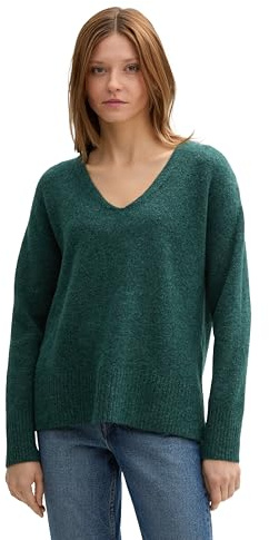 Tom Tailor Denim Damen Cosy Strickpullover mit V-Ausschnitt, 10592 - Midnight Forest Green Mélange, XL