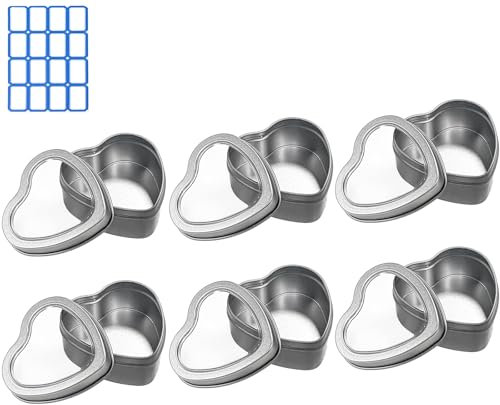 DARUITE Heart Shaped Empty Tin Boxes with Elegant Design, Small Metal Storage with Clear Window Lids Gift Box for Birthday, Ideal for Storing Candles, Silver, Set of 6