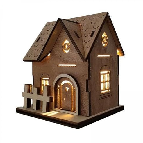 perfk 4X Leuchtende Holzhaus Weihnachtsdekorationen, Beleuchtetes Rustikales Holzhaus für Regal