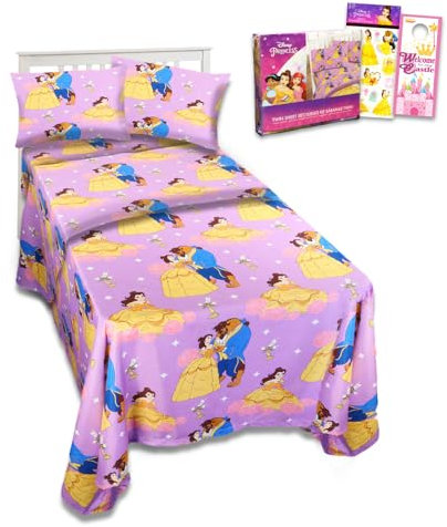 Die Schöne und das Biest Bettwäsche-Set für Kleinkinder – Set mit Belle-Bettwäsche mit Bettlaken, Spannbetttuch und Kissenbezug für Doppelbett und Aufkleber, mehr | Die Schöne und das Biest Bettlaken