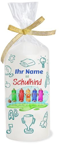 Kerze Schulanfang individuell mit Name und Datum als Tischdeko. Tischdekoration Schulanfang als Geschenk. Liebevolle Kerze Buntstifte Brenndauer: 35 Stunden, Ø6,8 x Höhe 15 cm